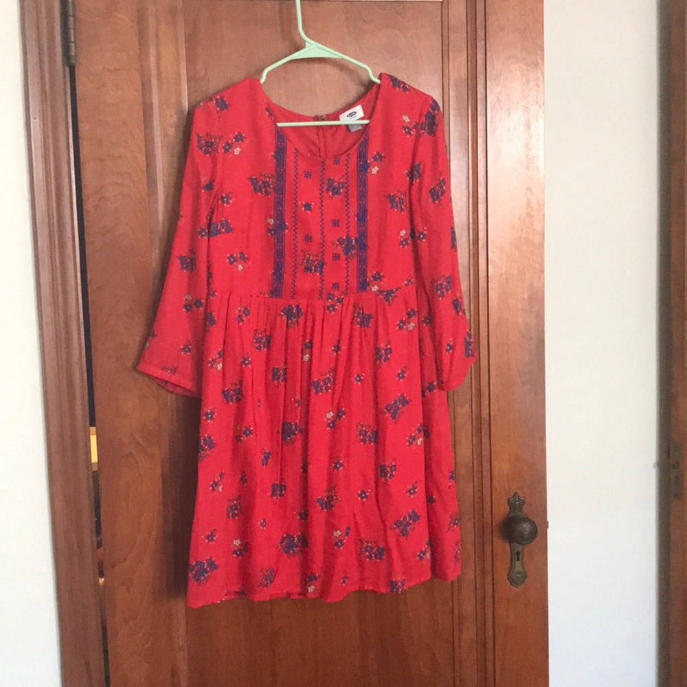 Red dress with blue flower pattern